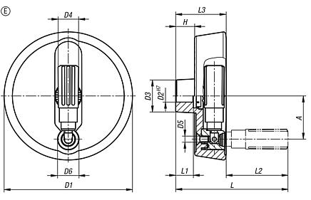 Volantes de disco de aluminio con empuñadura cilíndrica plegable, forma E, con agujero de referencia