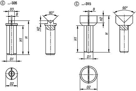 Puntas de acero para contrapuntas con altura de punta 12 mm, forma C, punta hueca